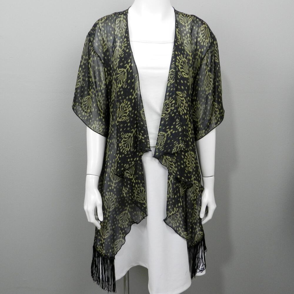 LuLaRoe Monroe Kimono Sheer‎ Fringe Swim Cover Up Size S Black Beige Batik